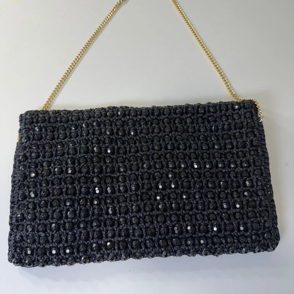 Fashion Imports Vintage Black Beaded Crochet Clutch Bag Gold Chain Made in Italy